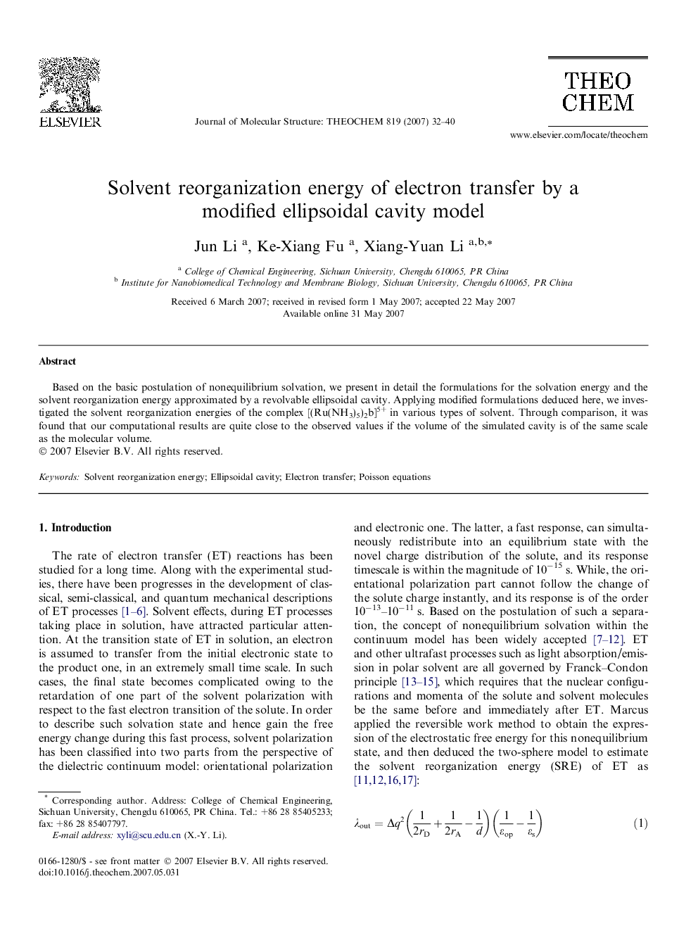 Solvent reorganization energy of electron transfer by a modified ellipsoidal cavity model