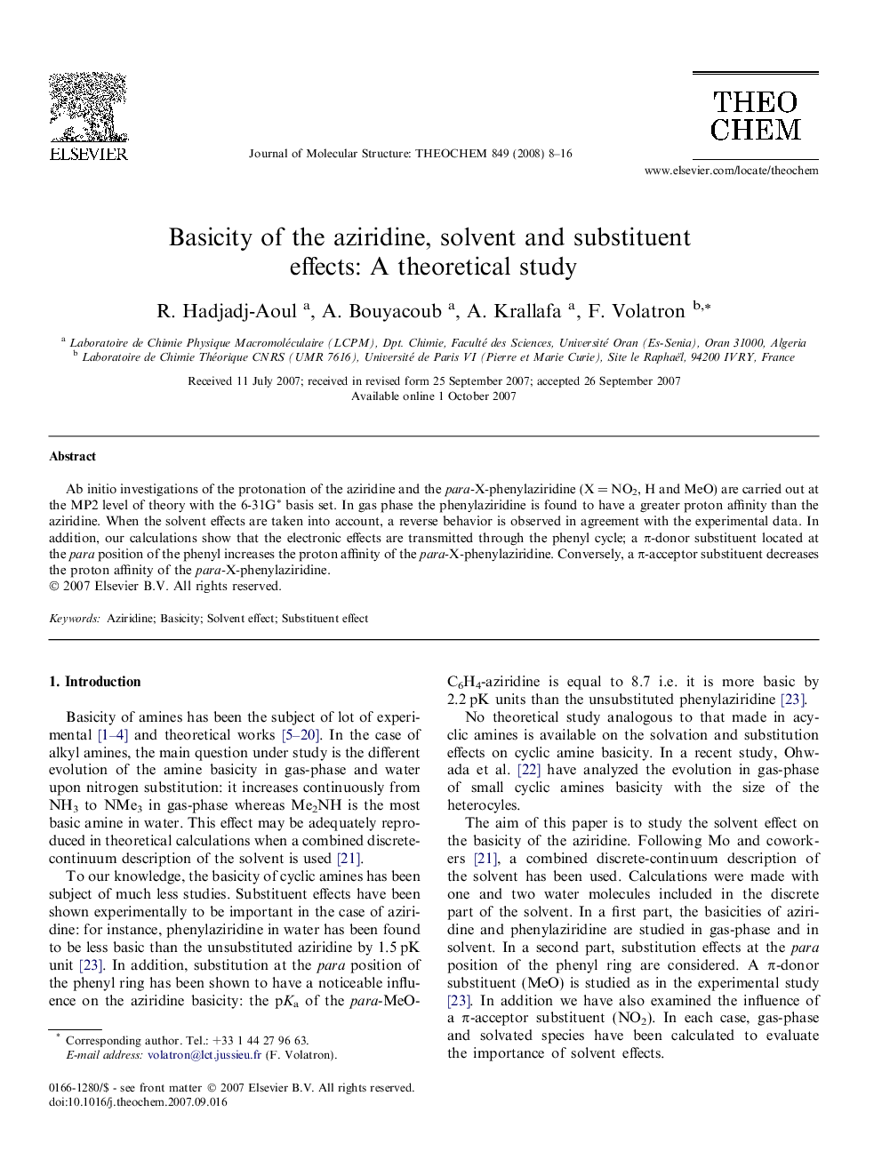 Basicity of the aziridine, solvent and substituent effects: A theoretical study