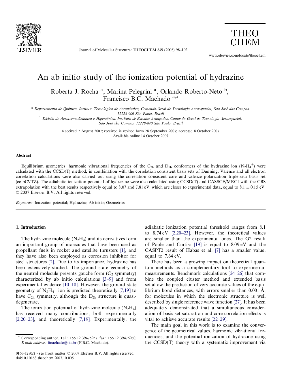 An ab initio study of the ionization potential of hydrazine