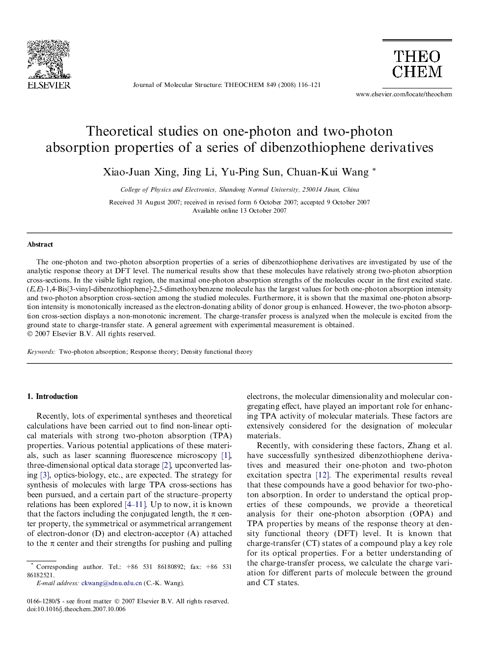 Theoretical studies on one-photon and two-photon absorption properties of a series of dibenzothiophene derivatives