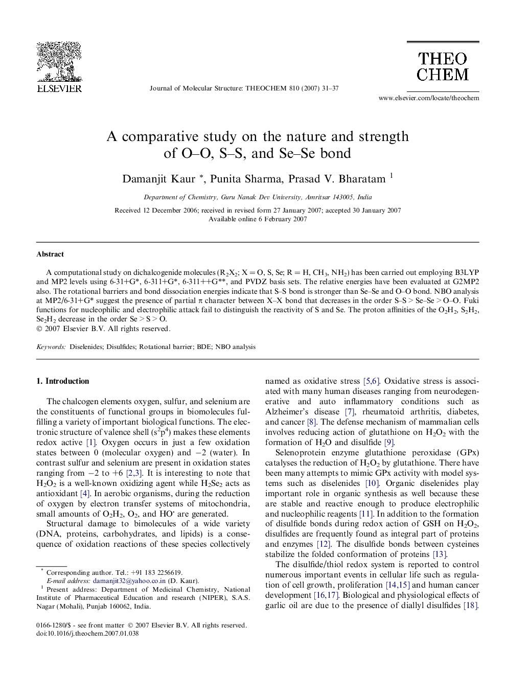 A comparative study on the nature and strength of O-O, S-S, and Se-Se bond