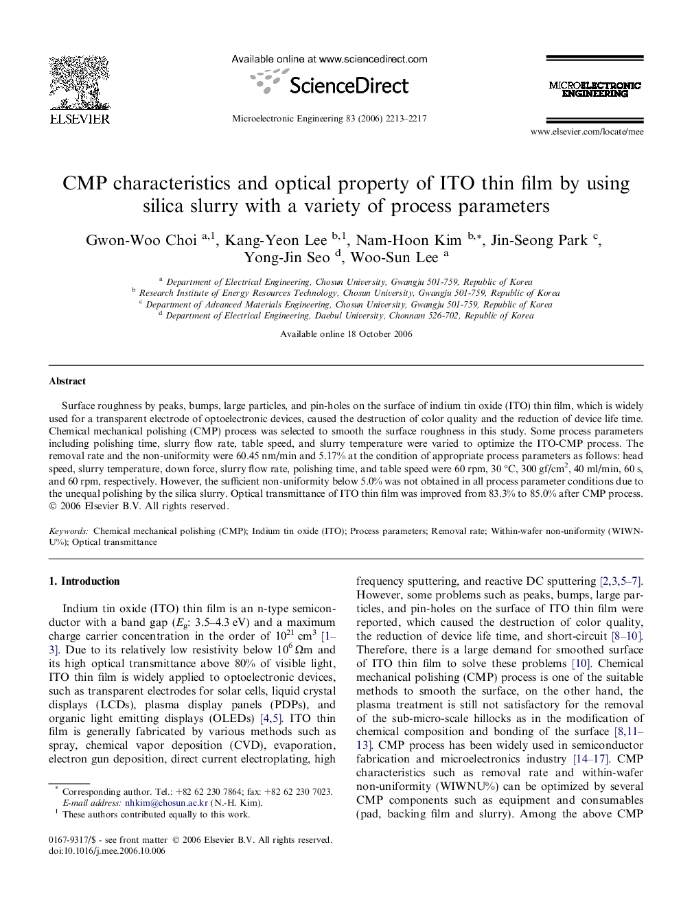 CMP characteristics and optical property of ITO thin film by using silica slurry with a variety of process parameters