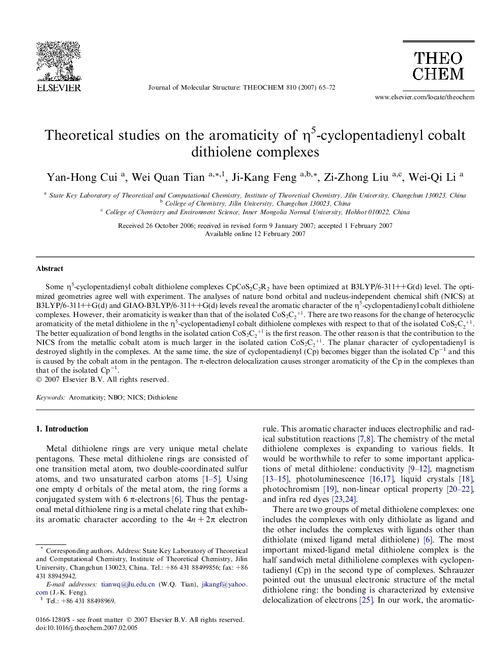 Theoretical studies on the aromaticity of Î·5-cyclopentadienyl cobalt dithiolene complexes