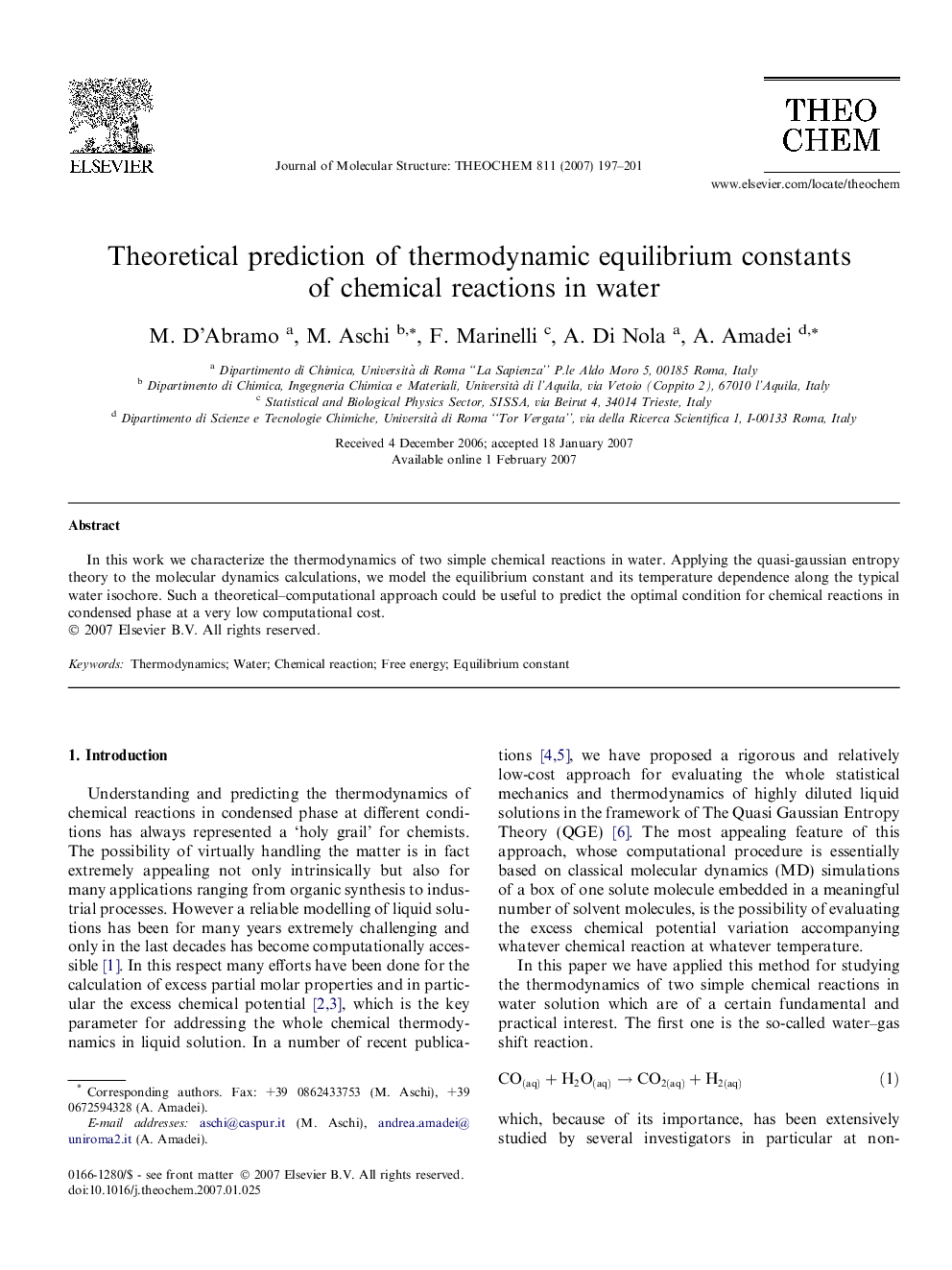 Theoretical prediction of thermodynamic equilibrium constants of chemical reactions in water