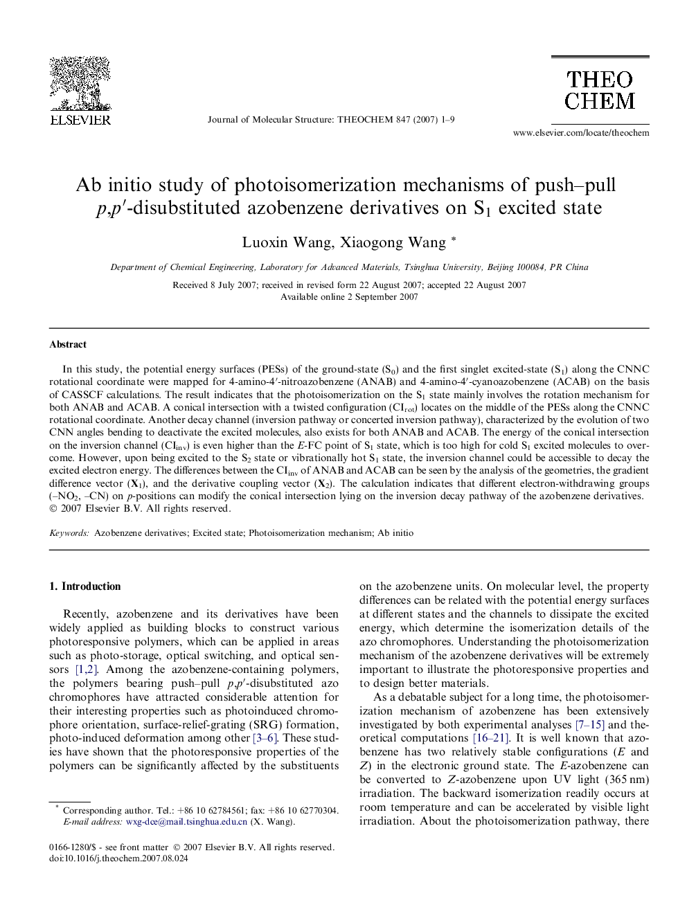 Ab initio study of photoisomerization mechanisms of push-pull p,pâ²-disubstituted azobenzene derivatives on S1 excited state