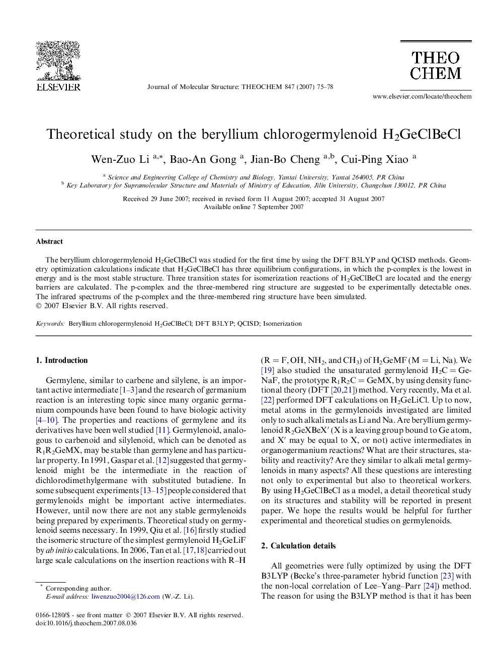 Theoretical study on the beryllium chlorogermylenoid H2GeClBeCl