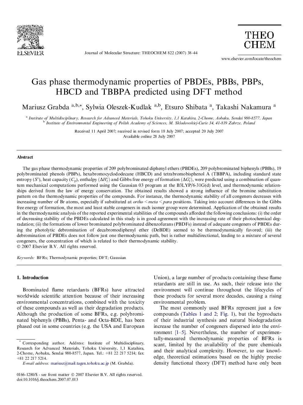 Gas phase thermodynamic properties of PBDEs, PBBs, PBPs, HBCD and TBBPA predicted using DFT method