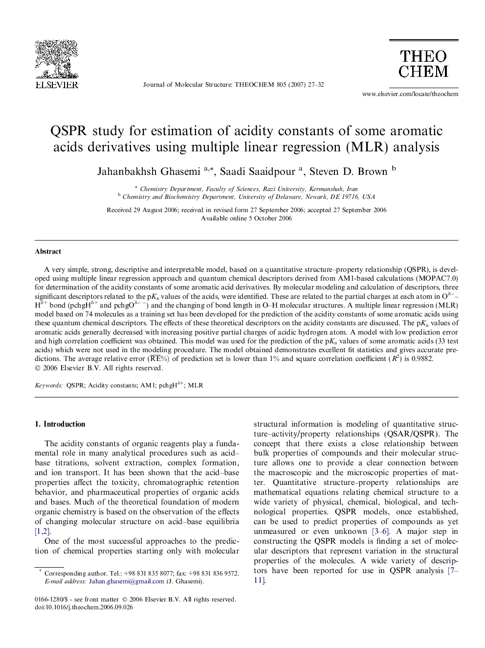 QSPR study for estimation of acidity constants of some aromatic acids derivatives using multiple linear regression (MLR) analysis