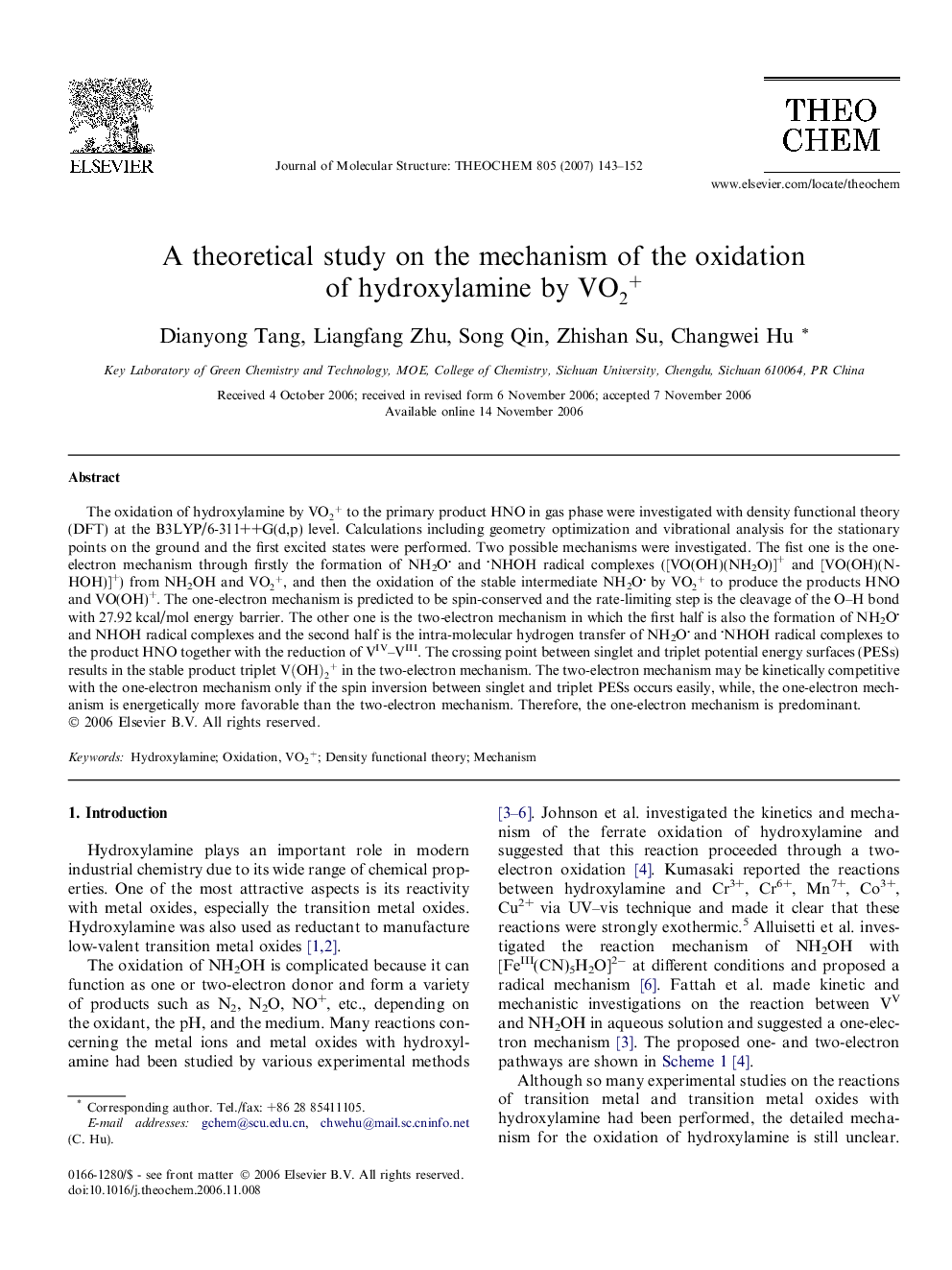 A theoretical study on the mechanism of the oxidation of hydroxylamine by VO2+