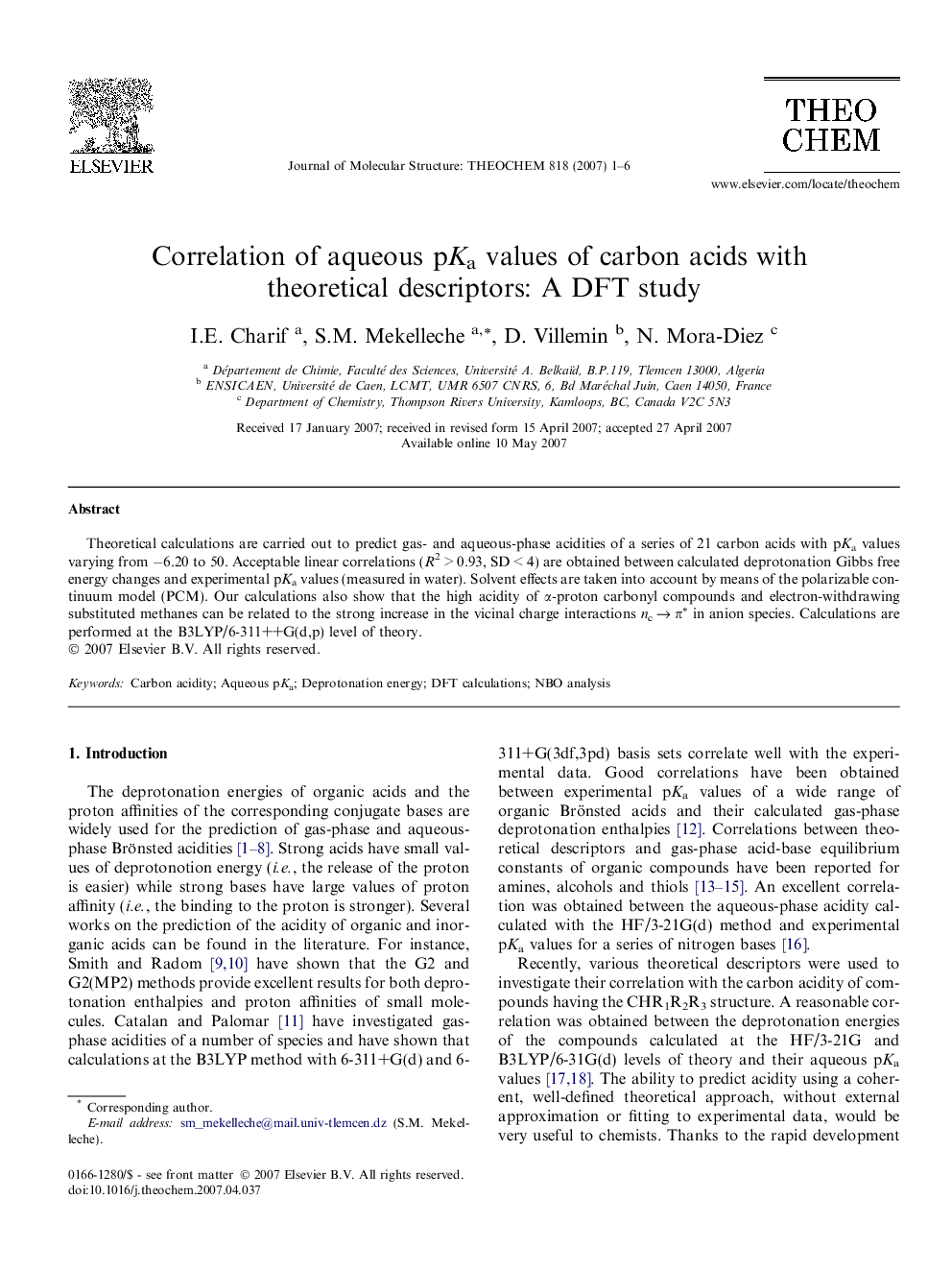 Correlation of aqueous pKa values of carbon acids with theoretical descriptors: A DFT study