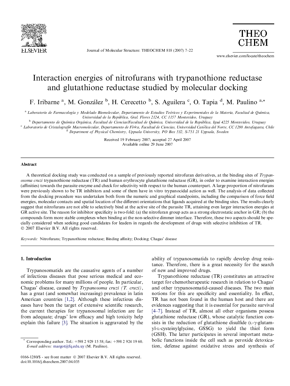 Interaction energies of nitrofurans with trypanothione reductase and glutathione reductase studied by molecular docking