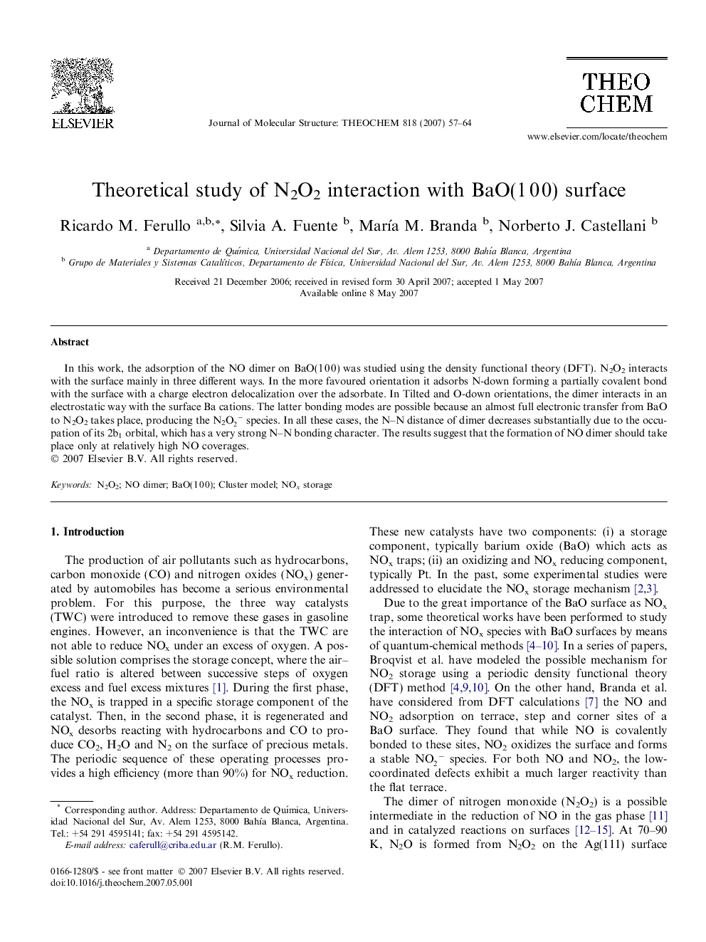 Theoretical study of N2O2 interaction with BaO(1Â 0Â 0) surface