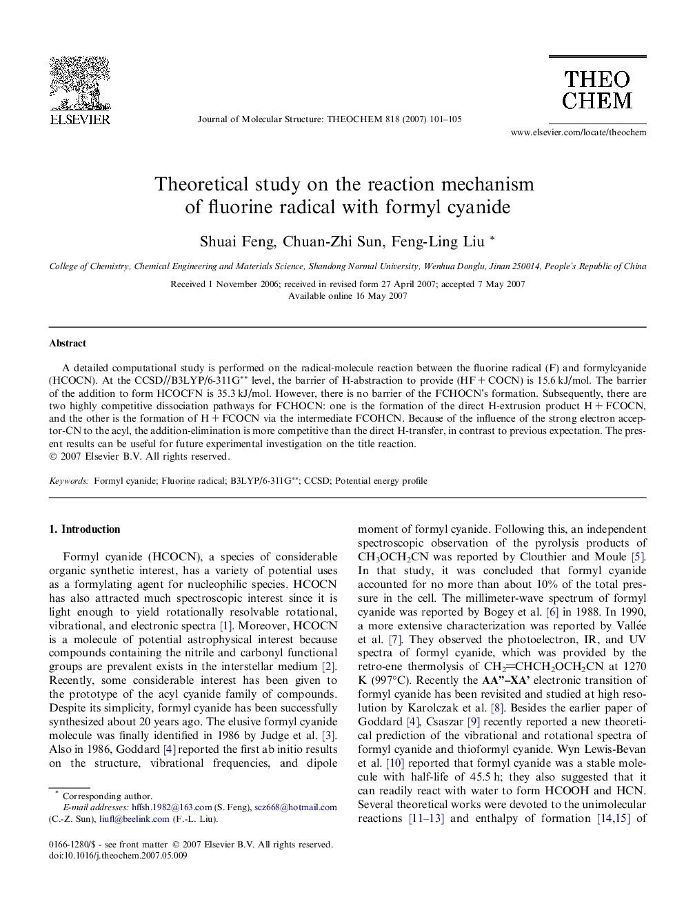 Theoretical study on the reaction mechanism of fluorine radical with formyl cyanide