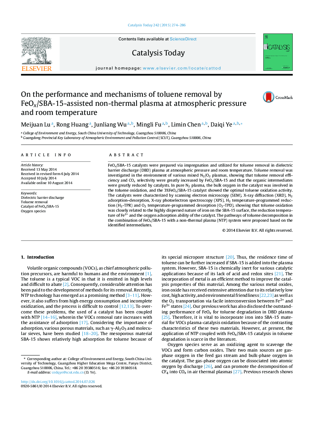 On the performance and mechanisms of toluene removal by FeOx/SBA-15-assisted non-thermal plasma at atmospheric pressure and room temperature