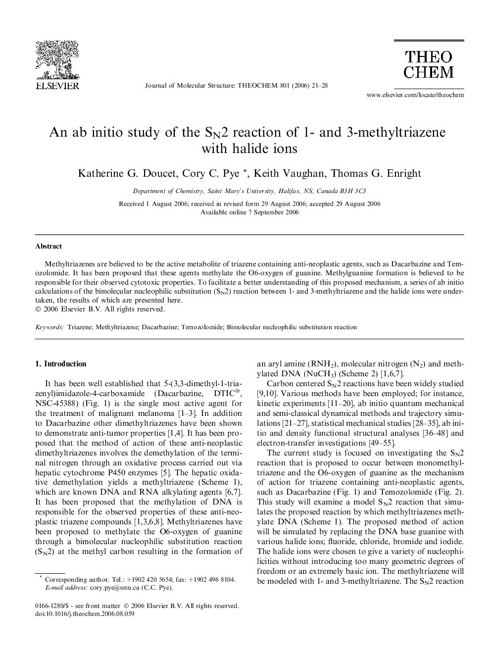 An ab initio study of the SN2 reaction of 1- and 3-methyltriazene with halide ions