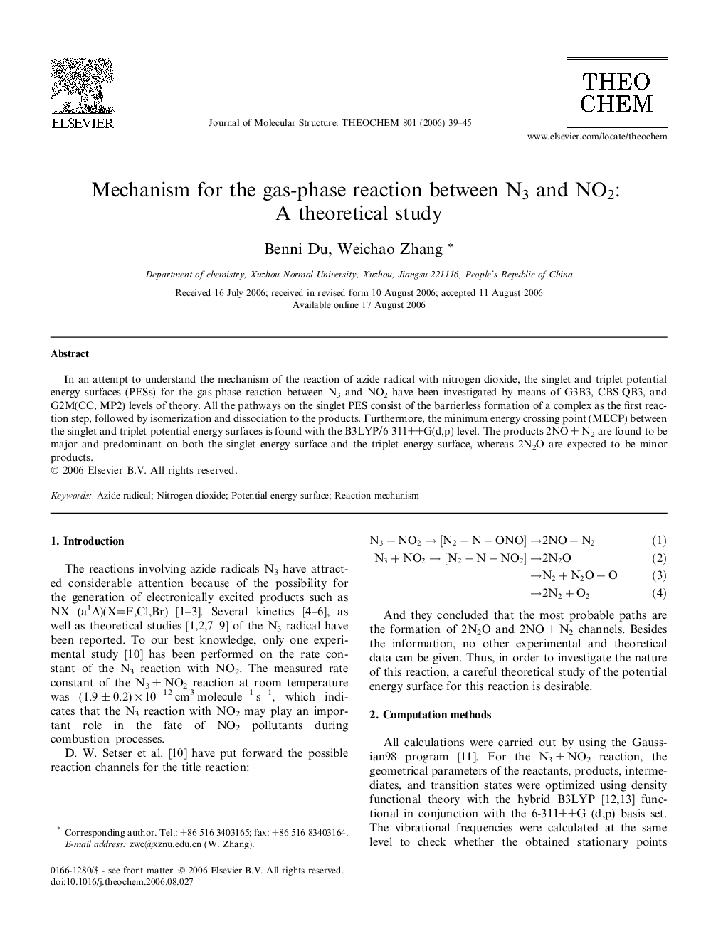 Mechanism for the gas-phase reaction between N3 and NO2: A theoretical study