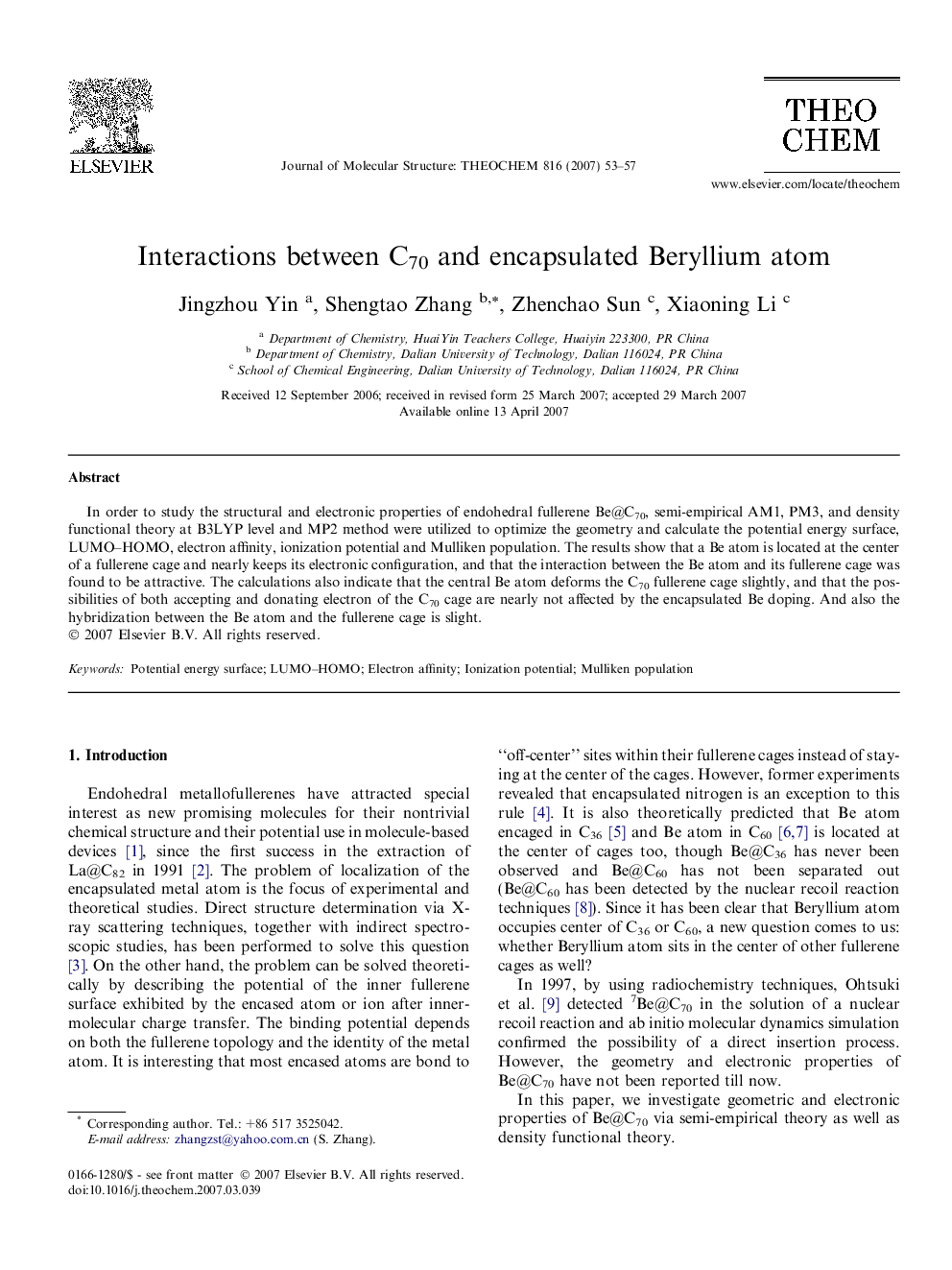 Interactions between C70 and encapsulated Beryllium atom