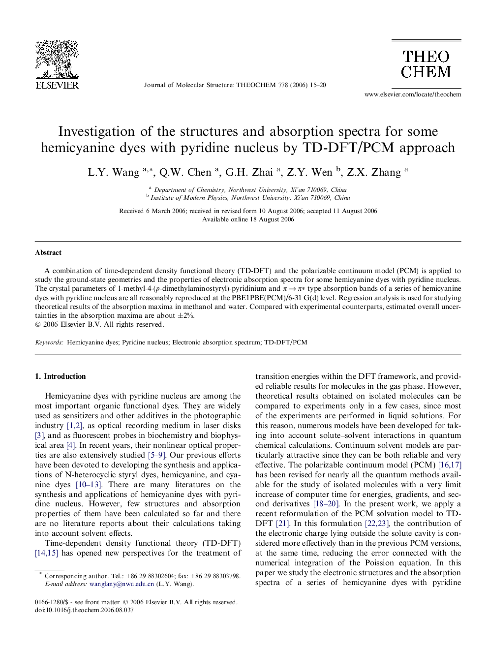 Investigation of the structures and absorption spectra for some hemicyanine dyes with pyridine nucleus by TD-DFT/PCM approach