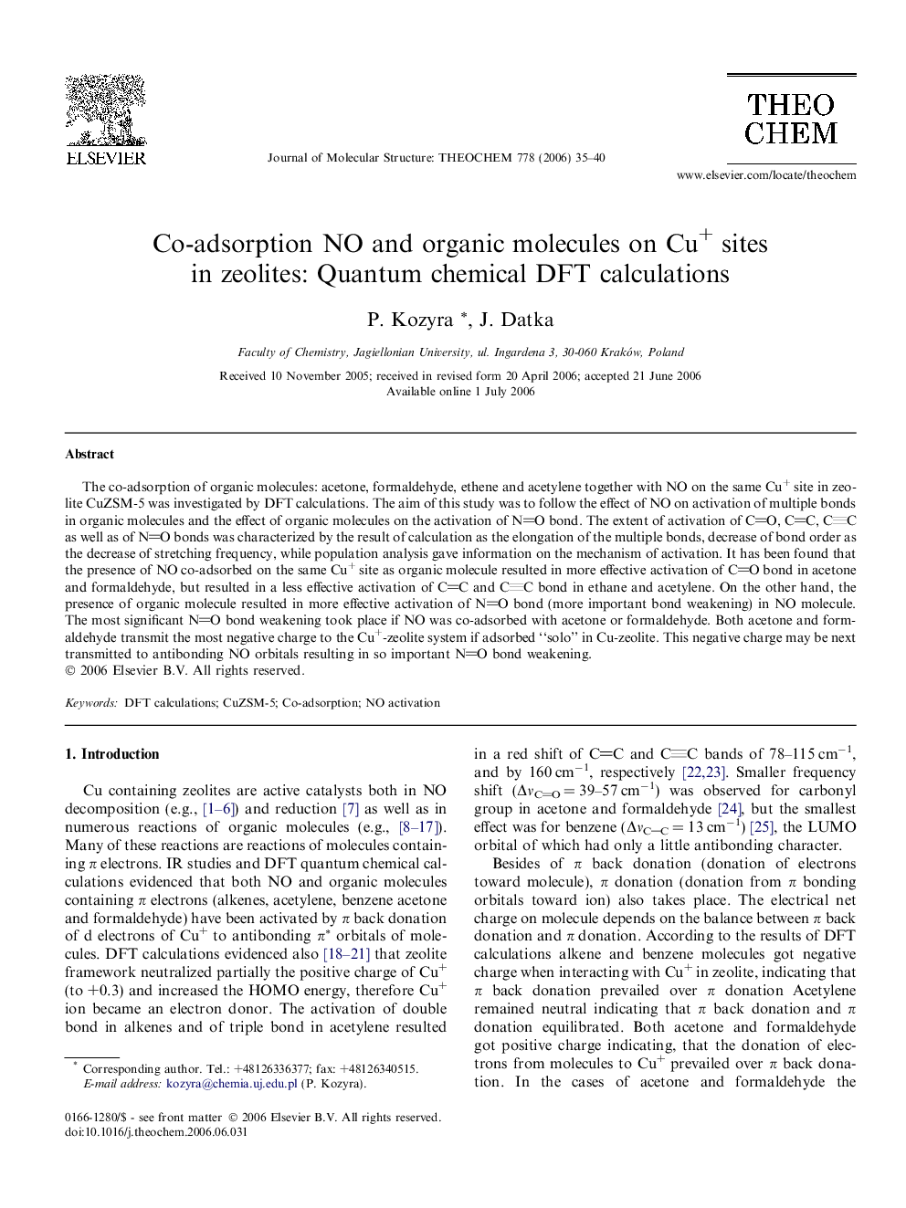 Co-adsorption NO and organic molecules on Cu+ sites in zeolites: Quantum chemical DFT calculations