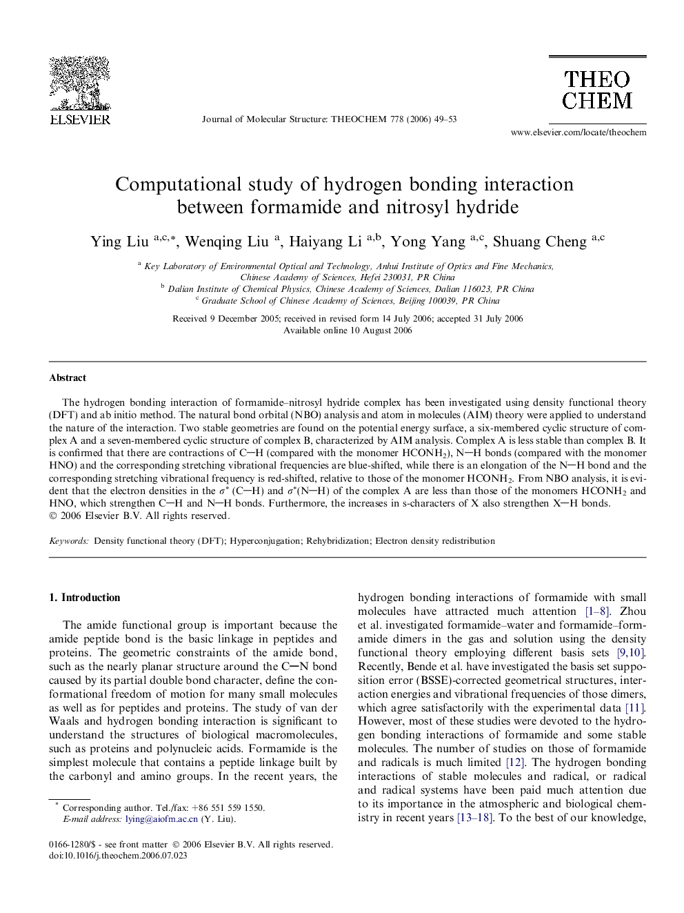 Computational study of hydrogen bonding interaction between formamide and nitrosyl hydride