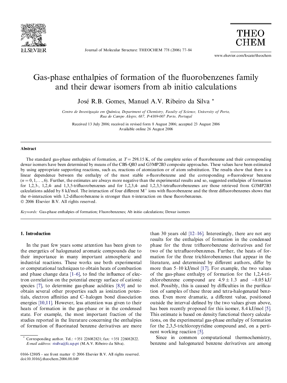 Gas-phase enthalpies of formation of the fluorobenzenes family and their dewar isomers from ab initio calculations