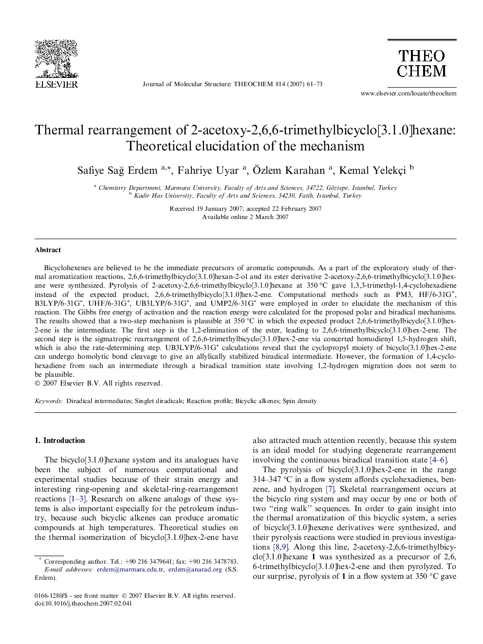 Thermal rearrangement of 2-acetoxy-2,6,6-trimethylbicyclo[3.1.0]hexane: Theoretical elucidation of the mechanism