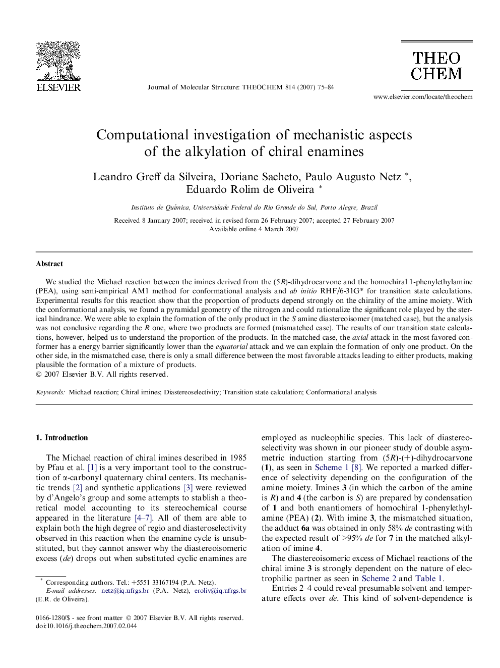 Computational investigation of mechanistic aspects of the alkylation of chiral enamines