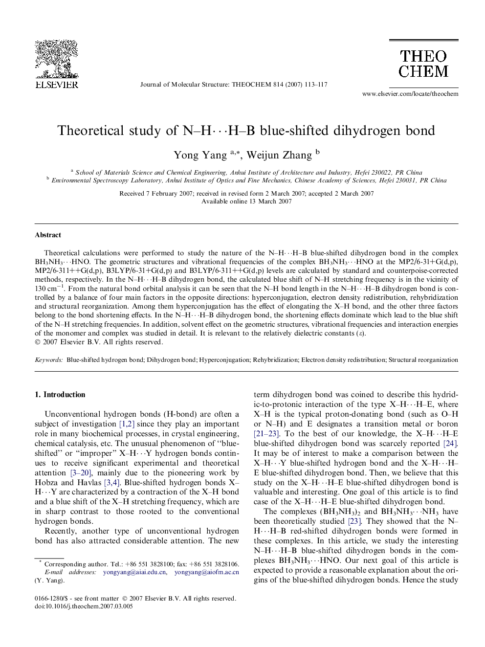 Theoretical study of N-Hâ¯H-B blue-shifted dihydrogen bond