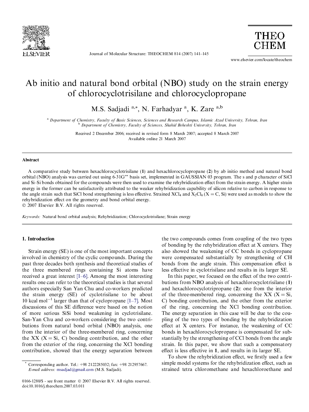 Ab initio and natural bond orbital (NBO) study on the strain energy of chlorocyclotrisilane and chlorocyclopropane