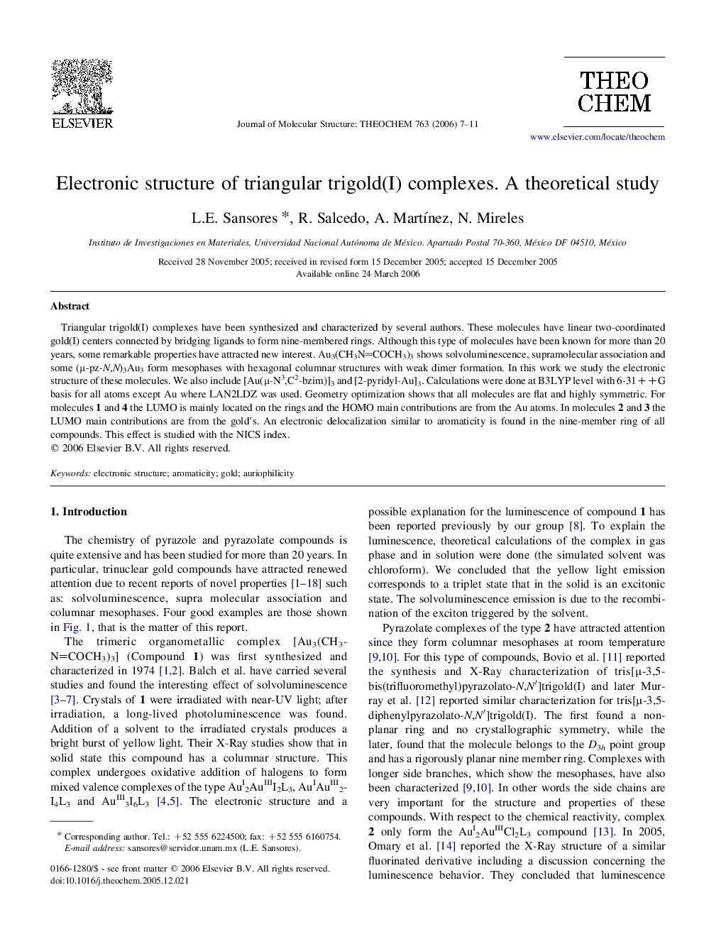 Electronic structure of triangular trigold(I) complexes. A theoretical study