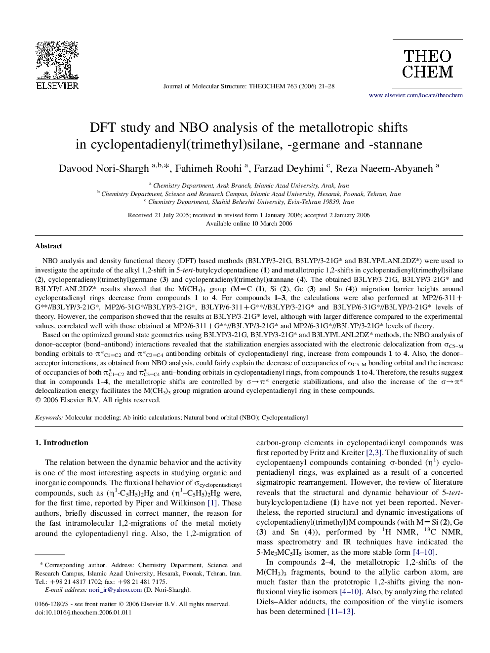 DFT study and NBO analysis of the metallotropic shifts in cyclopentadienyl(trimethyl)silane, -germane and -stannane