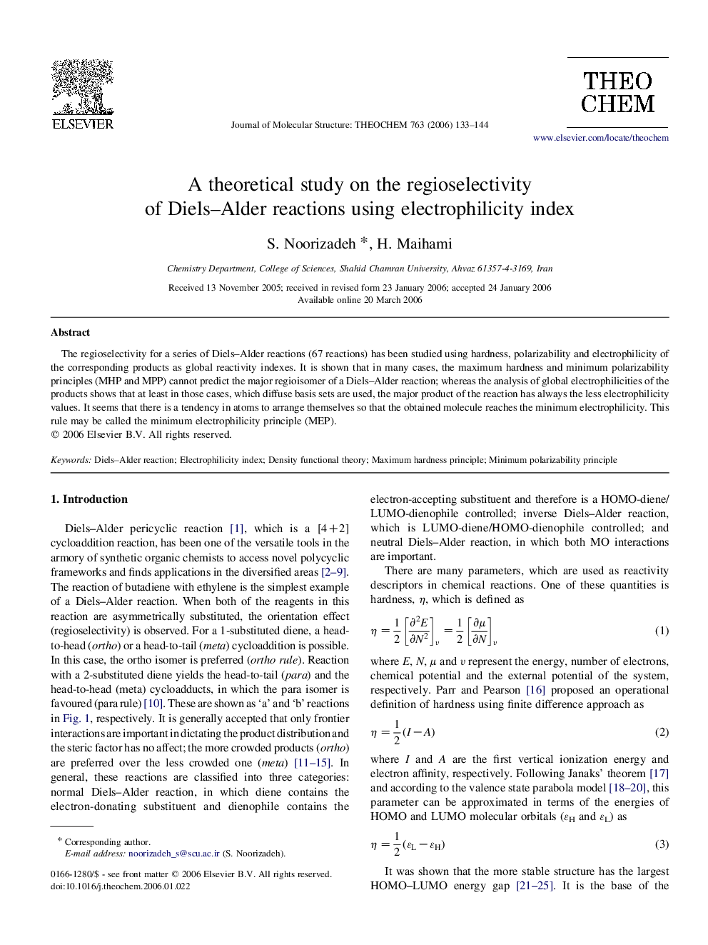 A theoretical study on the regioselectivity of Diels-Alder reactions using electrophilicity index