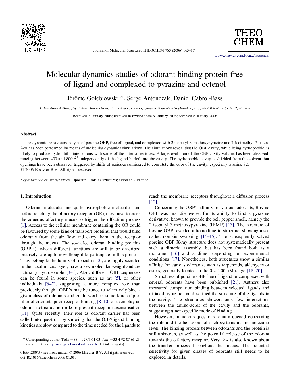 Molecular dynamics studies of odorant binding protein free of ligand and complexed to pyrazine and octenol