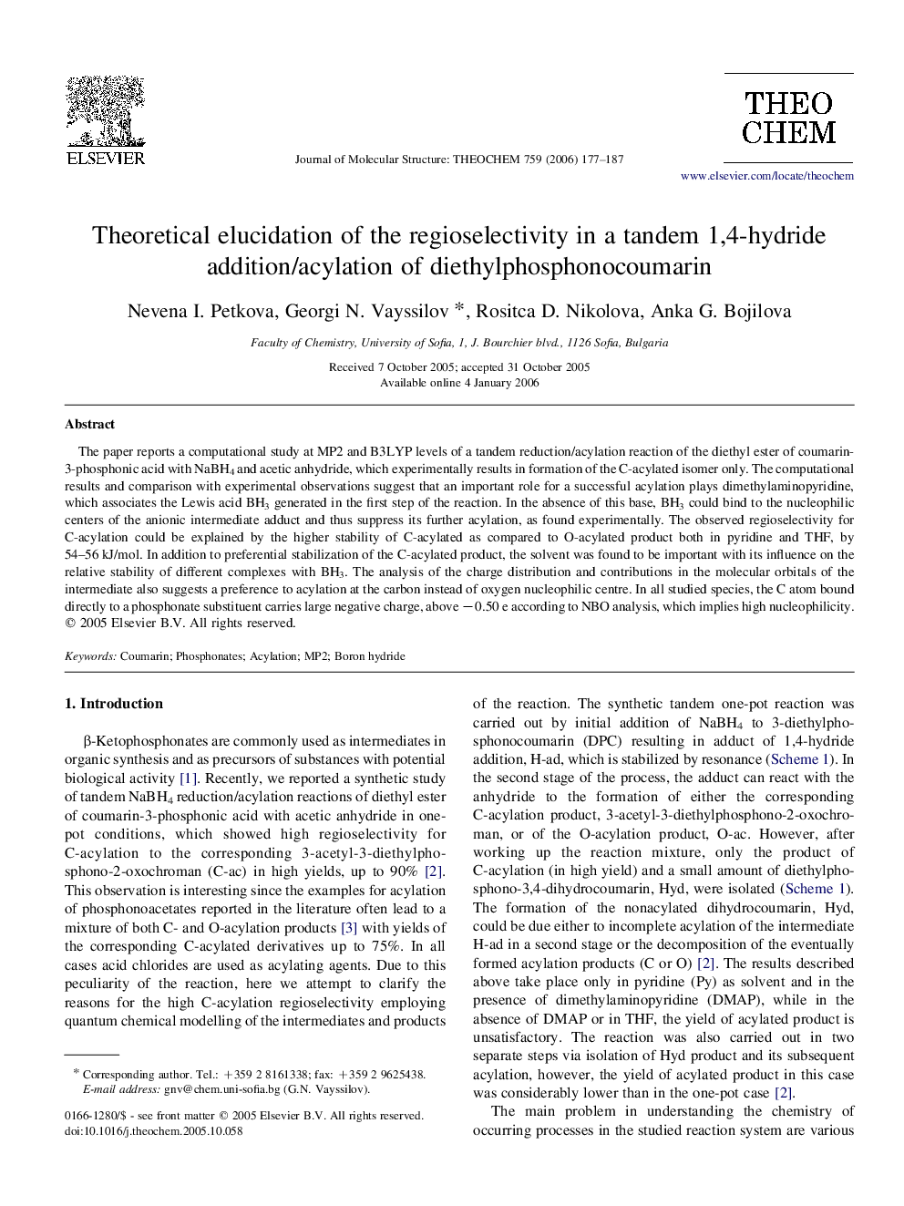 Theoretical elucidation of the regioselectivity in a tandem 1,4-hydride addition/acylation of diethylphosphonocoumarin