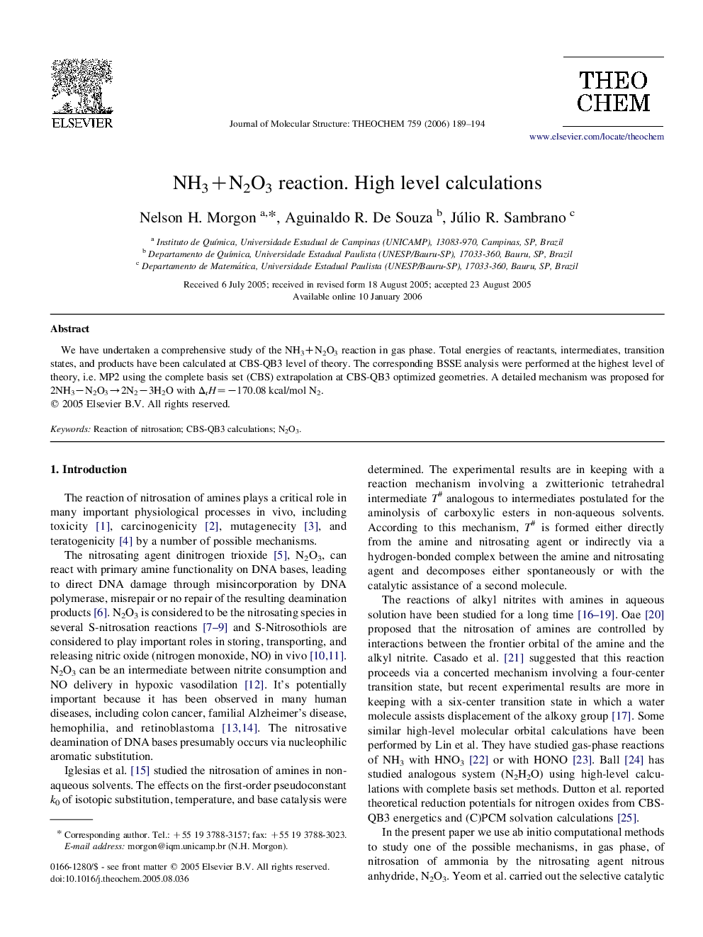 NH3+N2O3 reaction. High level calculations