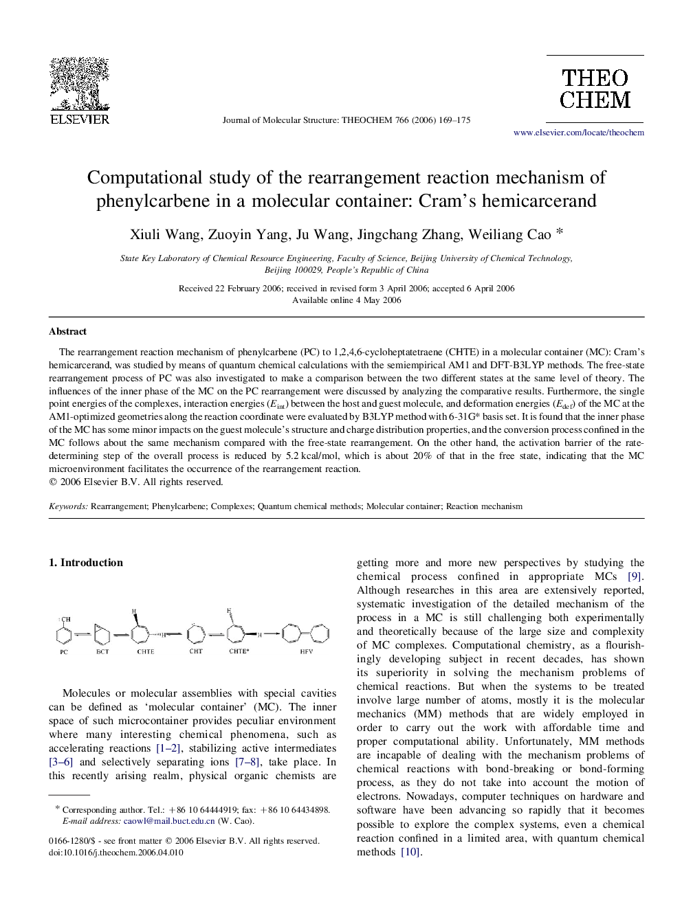 Computational study of the rearrangement reaction mechanism of phenylcarbene in a molecular container: Cram's hemicarcerand