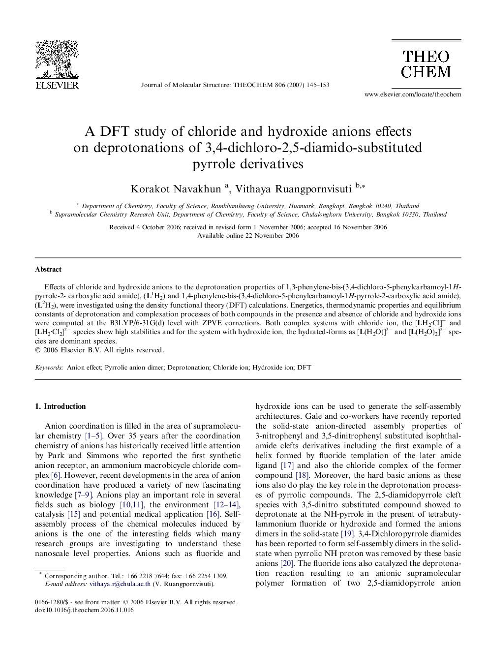 A DFT study of chloride and hydroxide anions effects on deprotonations of 3,4-dichloro-2,5-diamido-substituted pyrrole derivatives