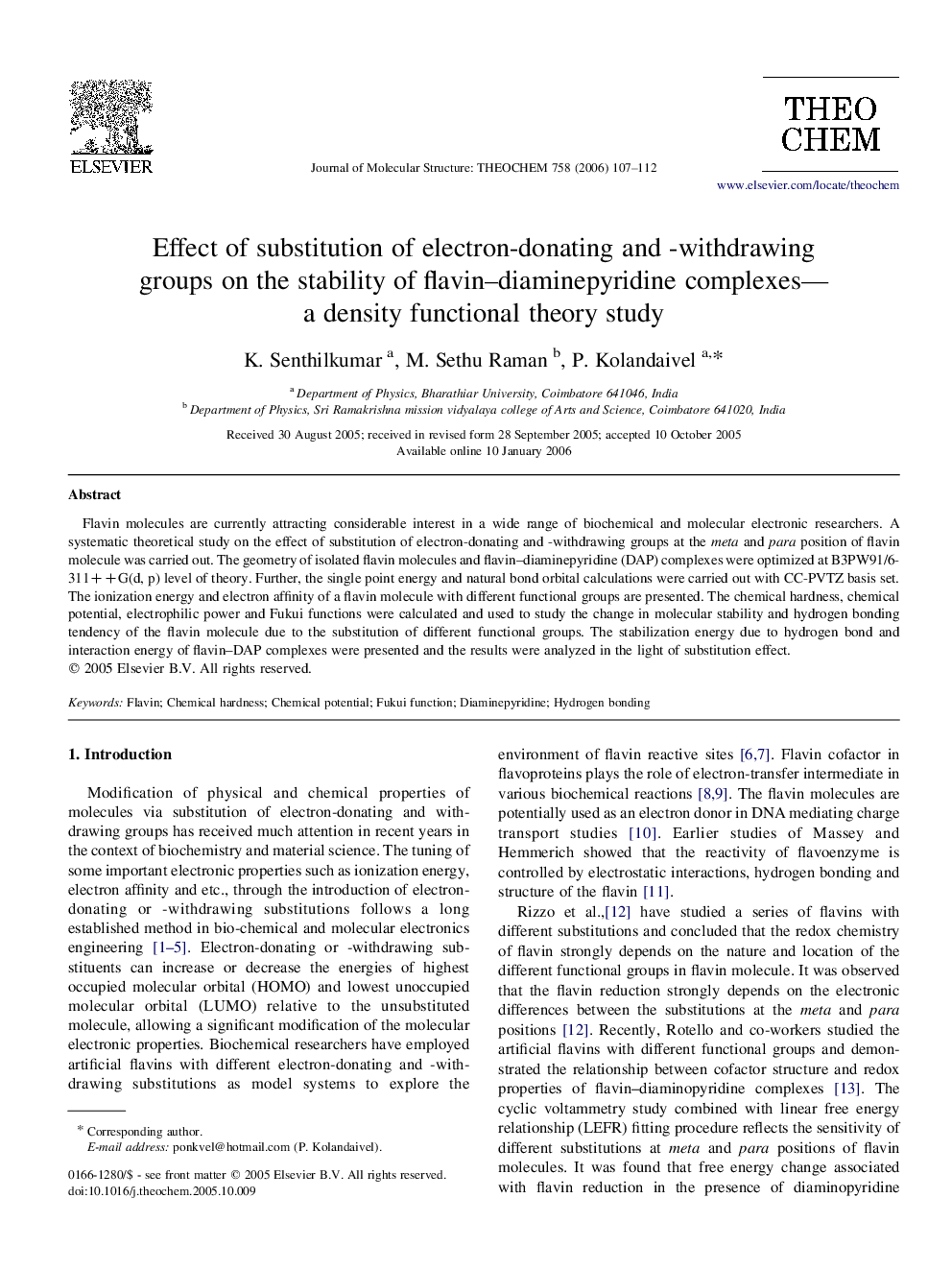 Effect of substitution of electron-donating and -withdrawing groups on the stability of flavin-diaminepyridine complexes-a density functional theory study