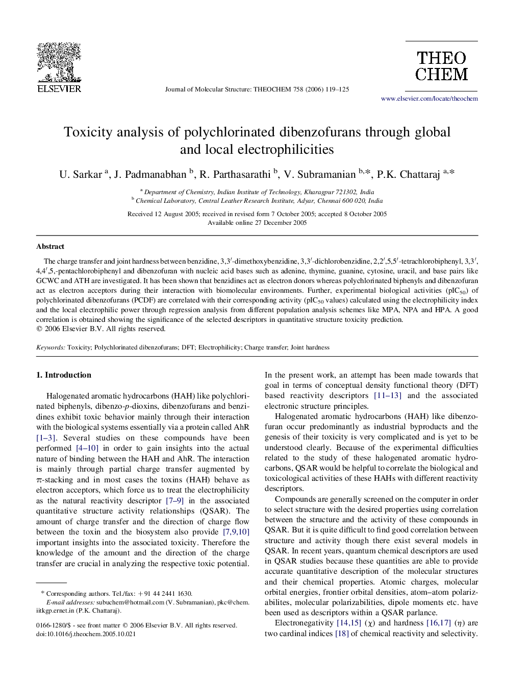 عکس صفحه اول مقاله: Toxicity analysis of polychlorinated dibenzofurans through global and local electrophilicities Toxicity analysis of polychlorinated dibenzofurans through global and local electrophilicities