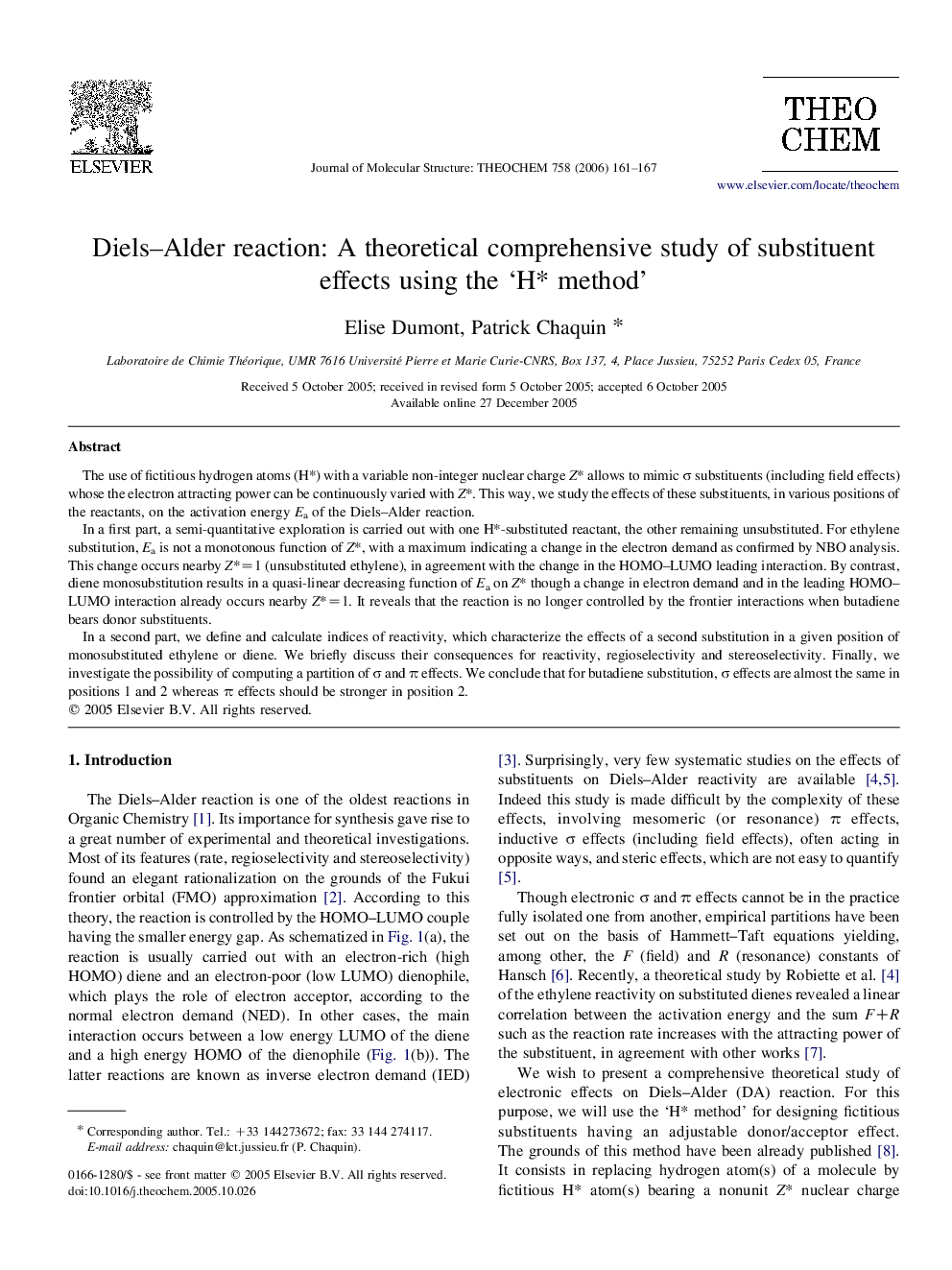 عکس صفحه اول مقاله: Diels-Alder reaction: A theoretical comprehensive study of substituent effects using the 'H* method' Diels-Alder reaction: A theoretical comprehensive study of substituent effects using the 'H* method'