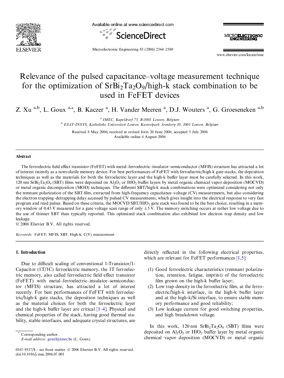 Relevance of the pulsed capacitance–voltage measurement technique for the optimization of SrBi2Ta2O9/high-k stack combination to be used in FeFET devices