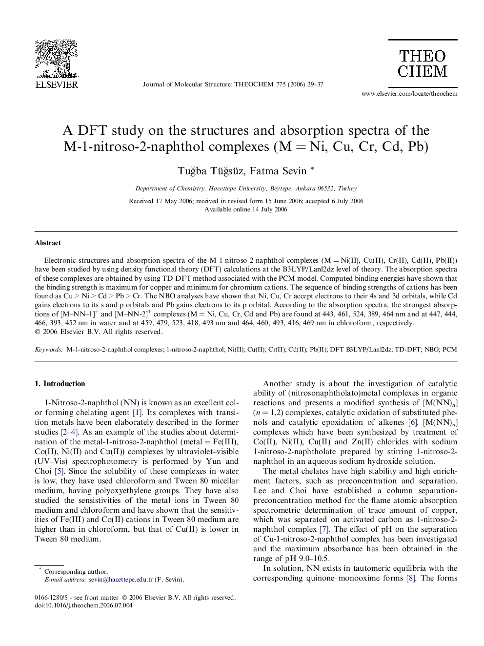 A DFT study on the structures and absorption spectra of the M-1-nitroso-2-naphthol complexes (MÂ =Â Ni, Cu, Cr, Cd, Pb)