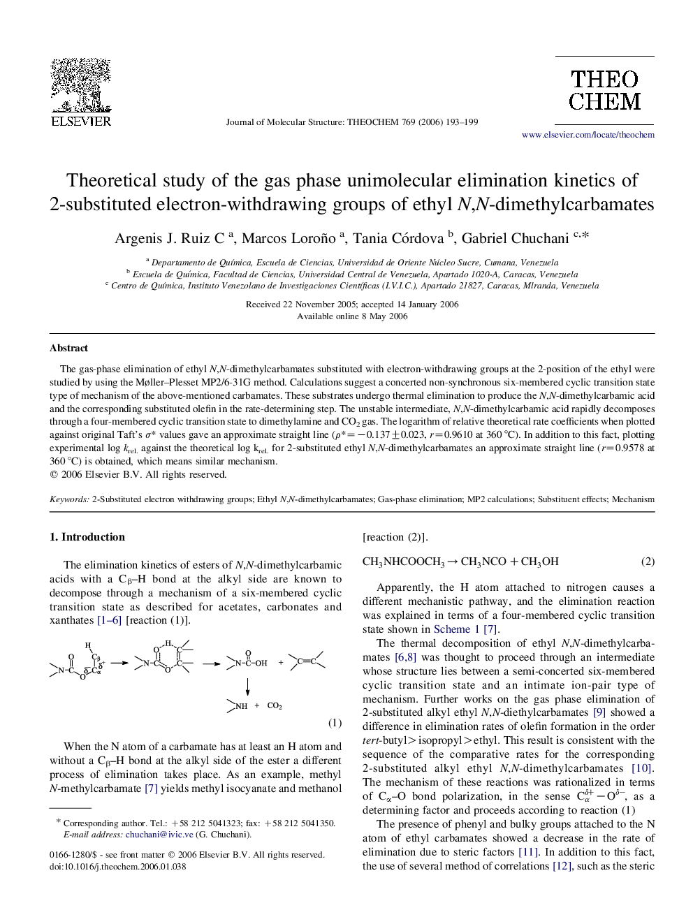 Theoretical study of the gas phase unimolecular elimination kinetics of 2-substituted electron-withdrawing groups of ethyl N,N-dimethylcarbamates