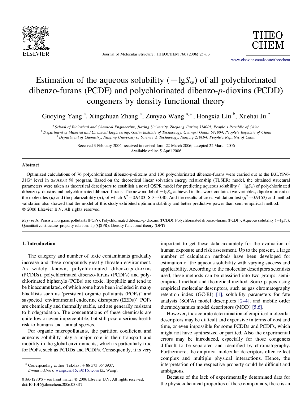 Estimation of the aqueous solubility (âlgSw) of all polychlorinated dibenzo-furans (PCDF) and polychlorinated dibenzo-p-dioxins (PCDD) congeners by density functional theory