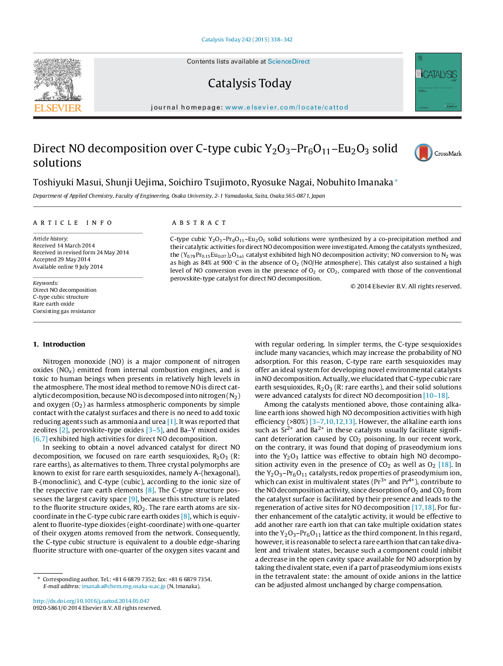 Direct NO decomposition over C-type cubic Y2O3–Pr6O11–Eu2O3 solid solutions