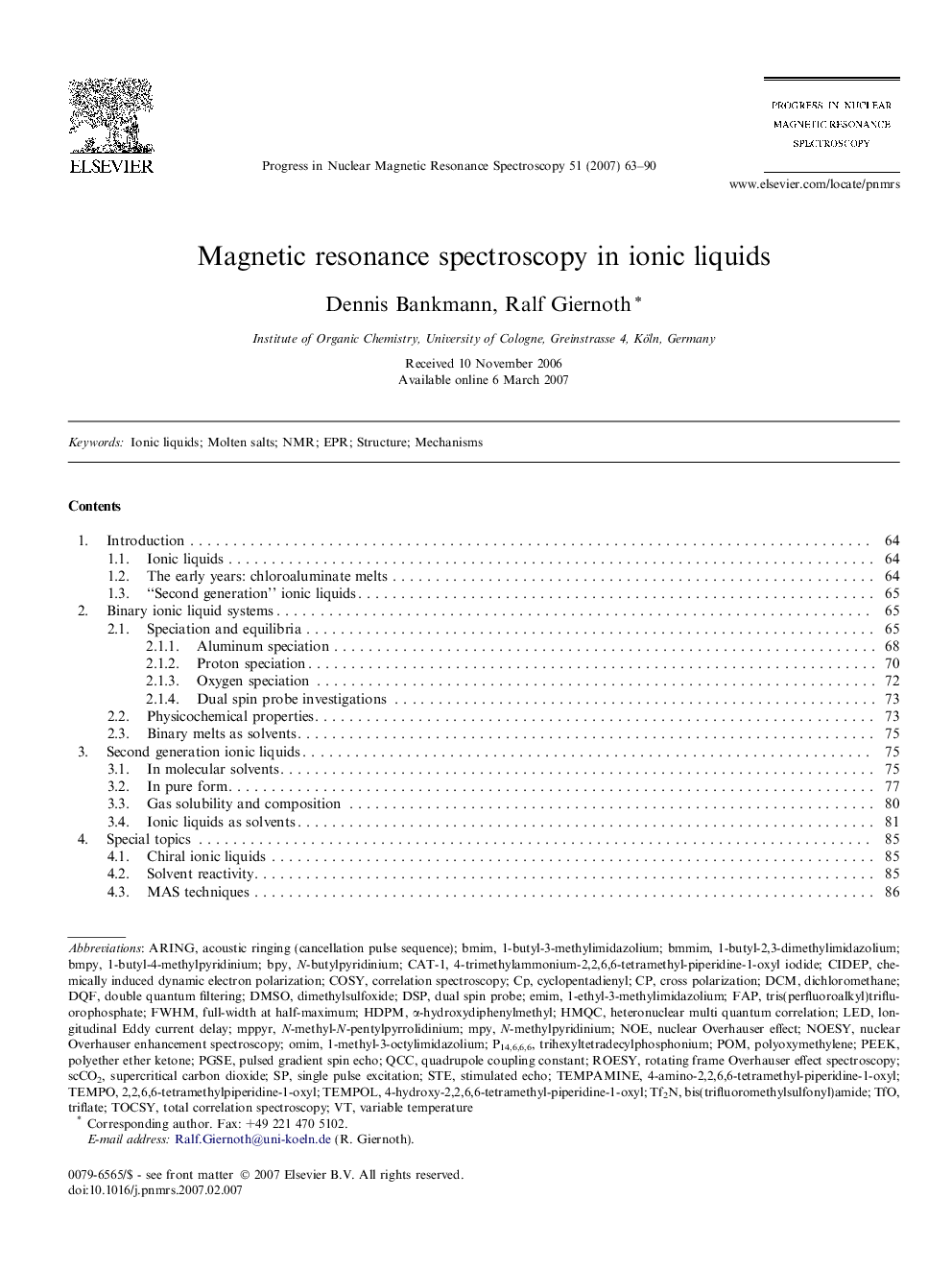 Magnetic resonance spectroscopy in ionic liquids