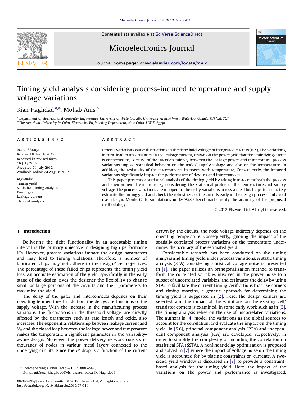 Timing yield analysis considering process-induced temperature and supply voltage variations