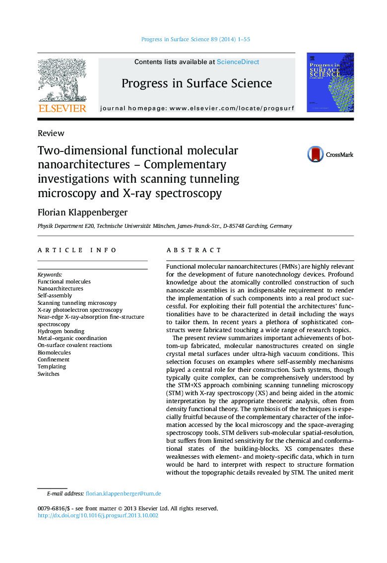 Two-dimensional functional molecular nanoarchitectures - Complementary investigations with scanning tunneling microscopy and X-ray spectroscopy