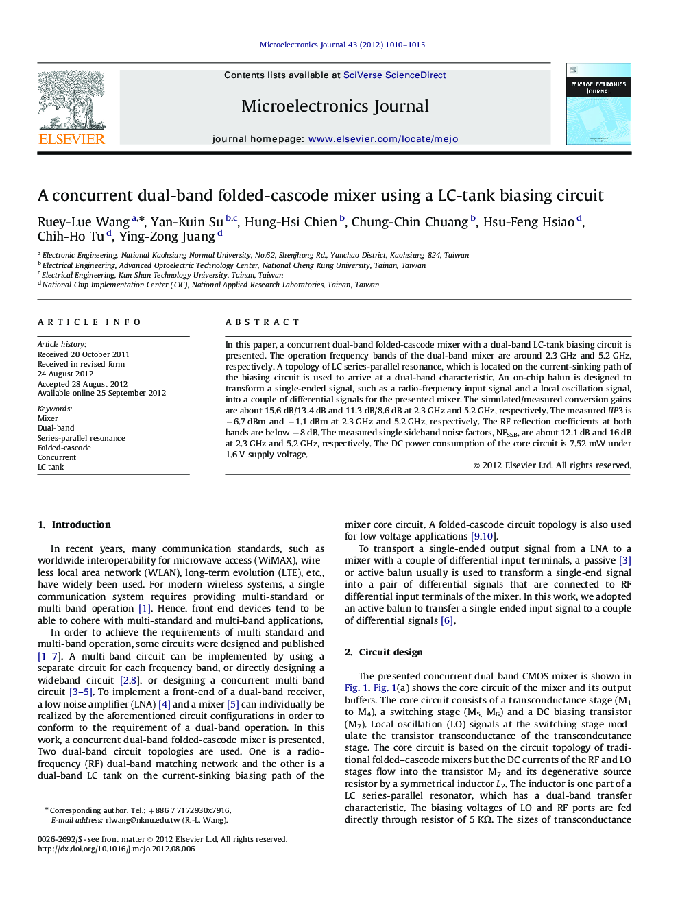 عکس صفحه اول مقاله: A concurrent dual-band folded-cascode mixer using a LC-tank biasing circuit A concurrent dual-band folded-cascode mixer using a LC-tank biasing circuit