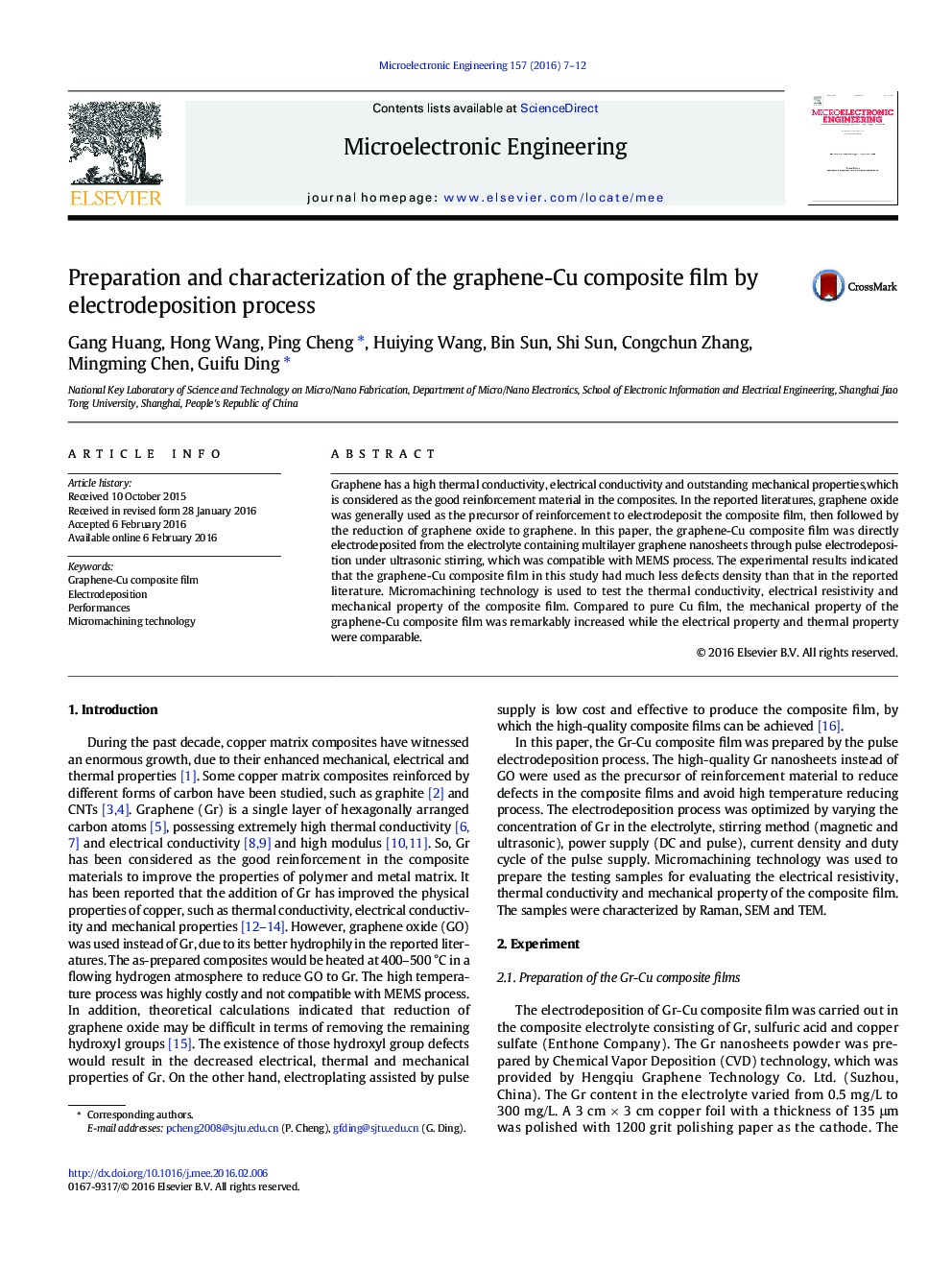 Preparation and characterization of the graphene-Cu composite film by electrodeposition process